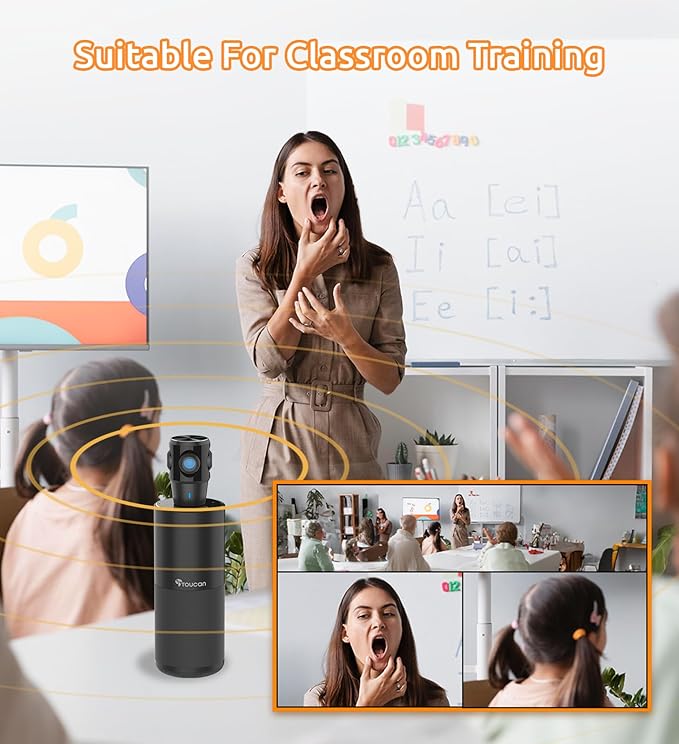 TOUCAN 360-Degree Video Conference Camera, 1080p HD Webcam with 4 Noise Reduction Mics, Speaker, AI Tracking, Works with Zoom, Google Voice, Microsoft Teams and More, for PC/Mac/Tablet-DeskLoop Office