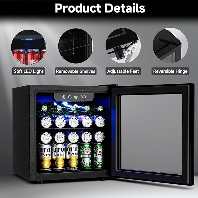 50 Cans Beverage Refrigerator Cooler, 1.3 Cu.Ft Mini Fridge with Glass Door for Soda Beer Drink Wine, Countertop Small Fridge for Bedroom Dorm Office Home Bar, Black-DeskLoop Office