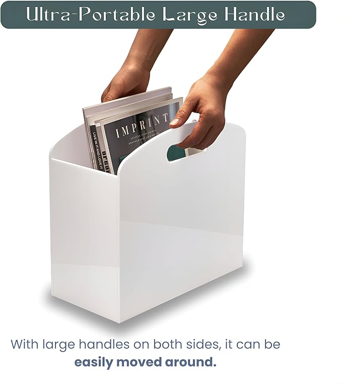 White Magazine Holder - Acrylic Magazine Rack Floor, Newspaper Stand with handles, Modern Lucite Magazine and Book Basket Box for Bathroom, Bedroom, Living Room-DeskLoop Office