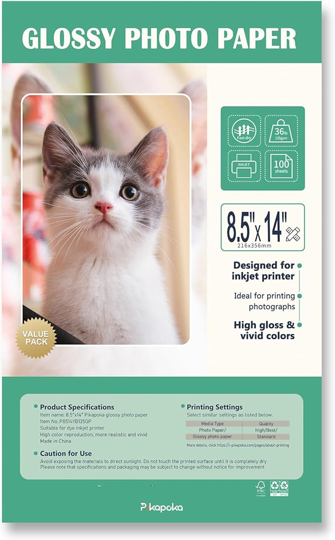 36lb Glossy Photo Paper, 8.5x14, Legal Size, Thin Glossy Photo Paper for Chip Bags, Inkjet, 100 Pack-DeskLoop Office