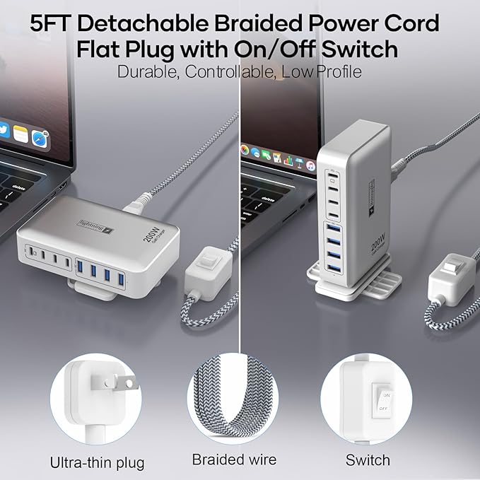 200W Charging Station for Multiple Devices, 8-Port USB C Charger Block Fast Charging, 65W Type C GaN Power Adapter for Cellphones, Tablets, Laptops, Multi Chargers USB Hub Flat Plug-DeskLoop Office