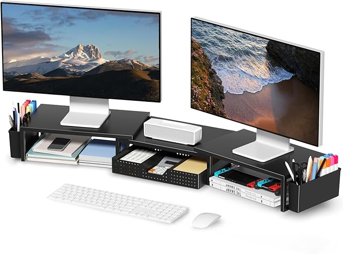 Desk Organizers and Accessories, Dual Monitor Stand Riser with Drawer and 2 Pen Holders, Desk Shelf Metal Computer Monitor Stand for Office Workspace Organizers, Desktop Organization (Black)-DeskLoop Office