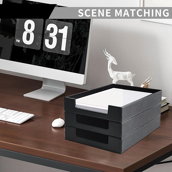 PU Leather Letter Tray - Load Documents Trays Front for Office Desktop Organizer - Desk Magazine, File, A4 Paper Holder - Paper Document File Holder (Black, A4-Tray)-DeskLoop Office