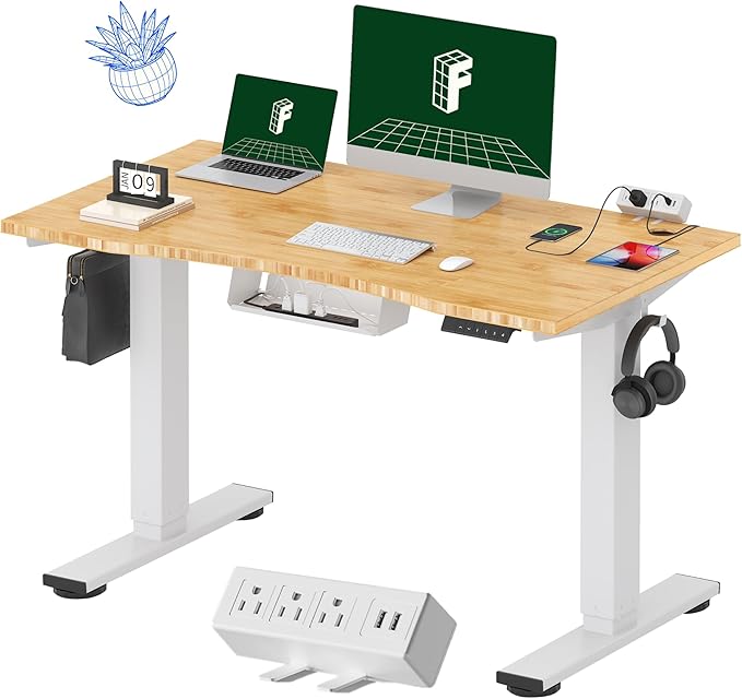 FLEXISPOT EN2 Whole-Piece Bamboo Standing Desk with Clamp Power Strip, 48 x 24 Electric Stand Up Height Adjustable Desk with Cable Management (White Frame + 48" Bamboo Top, 2 Packages)-DeskLoop Office