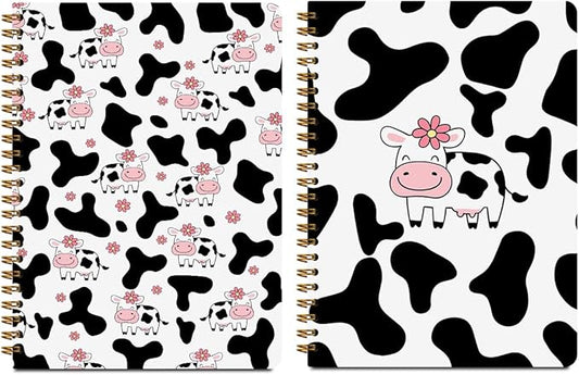 2 Pcs Cow Spiral Notebooks for Work, A5(8.3x5.8inch) Composition Notebook College Ruled Note Book, Pink Flowers Hardcover Notepads Diary Lined Travel Journal for Writing, Cute Cow Gifts for Women-DeskLoop Office