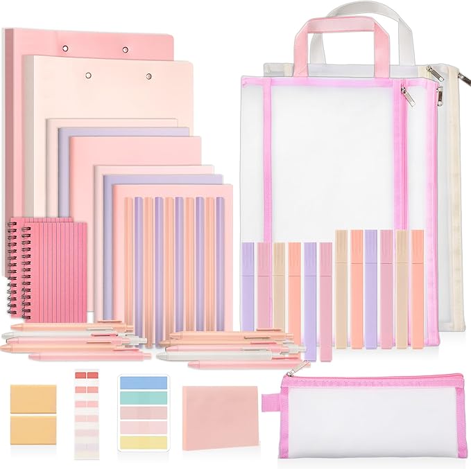 Colarr 54 Pieces Aesthetic School Supplies Including Pastel Highlighters Document Bags Pencils Notebooks Pencil Pouch Ink Pens Sticky Notes Erasers Back to School Gift Stationary Kit (Pink)-DeskLoop Office