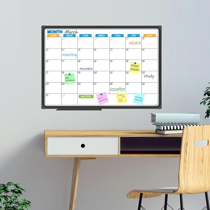 JILoffice Dry Erase Calendar Whiteboard - Magnetic White Board Calendar Monthly 24 X 18 Inch, Black Aluminium Frame Wall Mounted Board for Office Home and School-DeskLoop Office