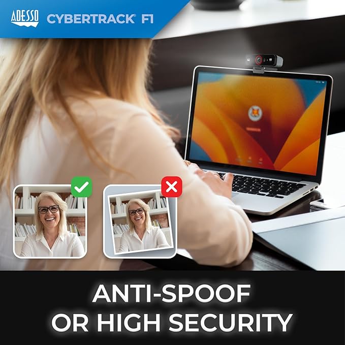 ADESSO CyberTrack F1 1080P HD Fixed Focus USB Windows Hello Webcam, Camera for Desktop PC Built-in Dual Microphone, Privacy Shutter, Audio/Video Mode Privacy ON/Off Switch & Tripod Mount-DeskLoop Office