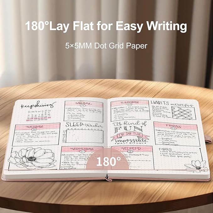 AHGXG Bullet Dotted Journal - 150 GSM Dot Grid Notebook Journal, Thick Acid-Free Paper, A5 Dotted Notebook 128 Pages, Leather Hardcover, Inner Pocket, Journal Stencil, 5.7'' × 8.3'' - Rose Gold-DeskLoop Office