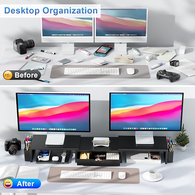 gianotter Dual Monitor Stand Riser, Desk Organizer With Drawer and 2 Pen Holders, Computer Monitor Stand, Desk Shelf for Top of Desk, Balck-DeskLoop Office