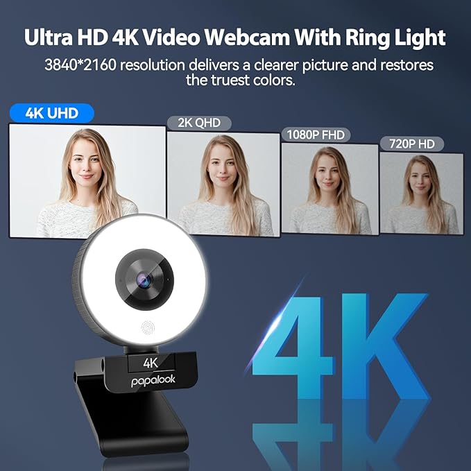 papalook 4K Autofocus Webcam with Light, UHD Web Camera with Remote Control and Dual Noise-Cancelling Mics, Plug and Play USB Webcams for PC Laptop Zoom Skype Teams Google Meet-DeskLoop Office