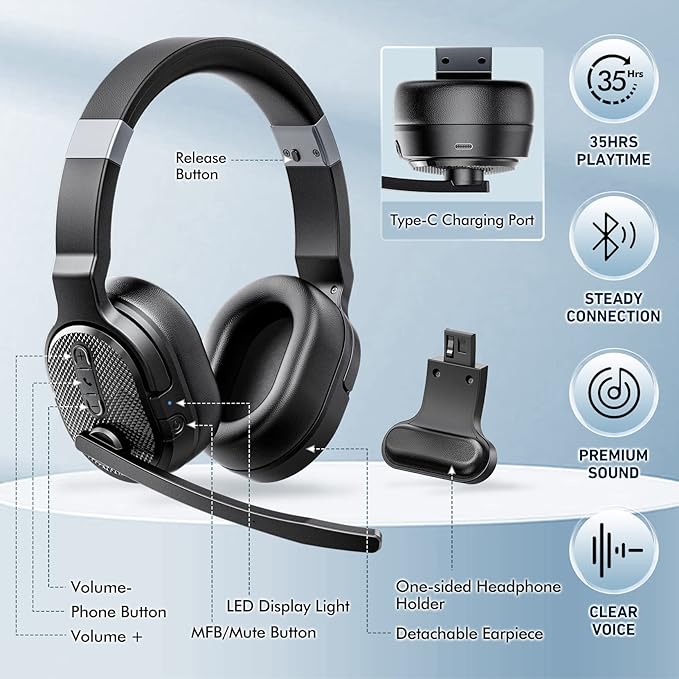 Trucker Bluetooth Headset with Dongle, Wireless Headsets with Noise Cancelling Microphone, 50+Hrs HD Talktime Bluetooth Headphones with Detachable Earpad/Single+Dual Mode for Office/Driving