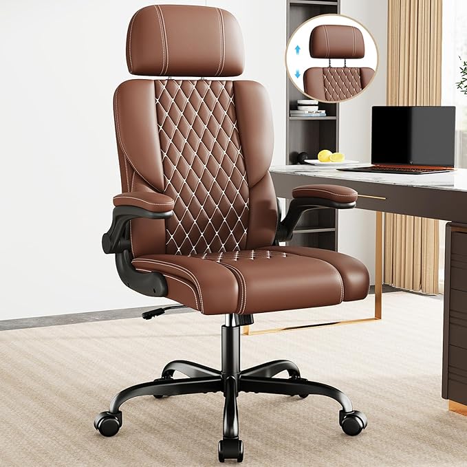 Sytas Executive Leather Office Chair, Comfy Desk Chair with Adjustable Headrest & Flip-up Padded Arms & Lumbar Support, Adjustable Hight and Tilt, Rolling Swivel, Brown-DeskLoop Office