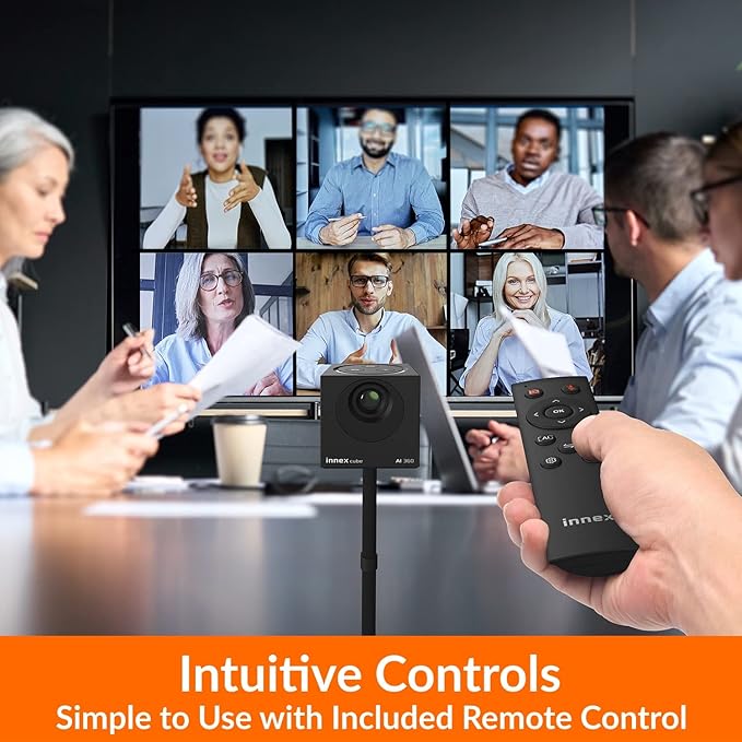 Innex Cube 4K 360 Degree Video Conference Camera with Multiple AI Modes, Dual Omnidirectional Mics, Remote, Plug and Play Conference Room Webcam for Zoom, Microsoft Teams, Open Space, Meeting Room-DeskLoop Office
