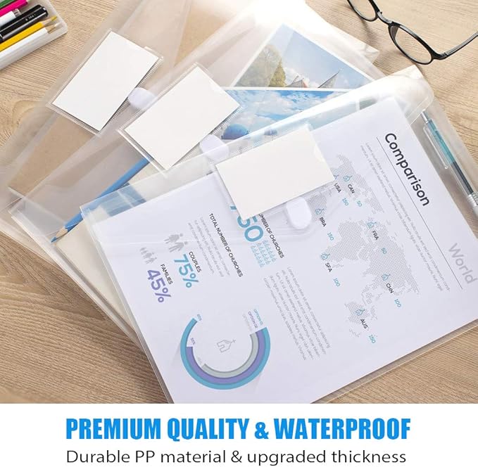 Sooez 10 Pack Plastic Envelopes File Folders, Clear Folder for Document US Letter A4 Size Poly Envelopes with Label Pockets for School Home Work Office Organizer, Clear-DeskLoop Office