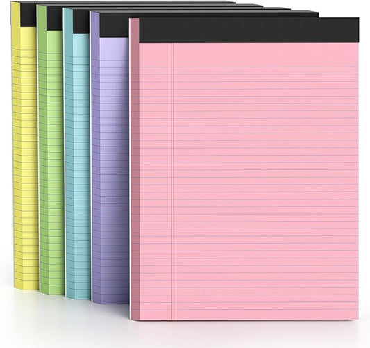 5 Pack Colored Legal Pads 8.5 x 11 College Ruled Paper Note Pads Narrow Ruled 50 Sheets per Notepad Perforated Writing Pad Durable Sturdy Back 8x11 Pads of Paper Pink Purple Blue Green Yellow-DeskLoop Office