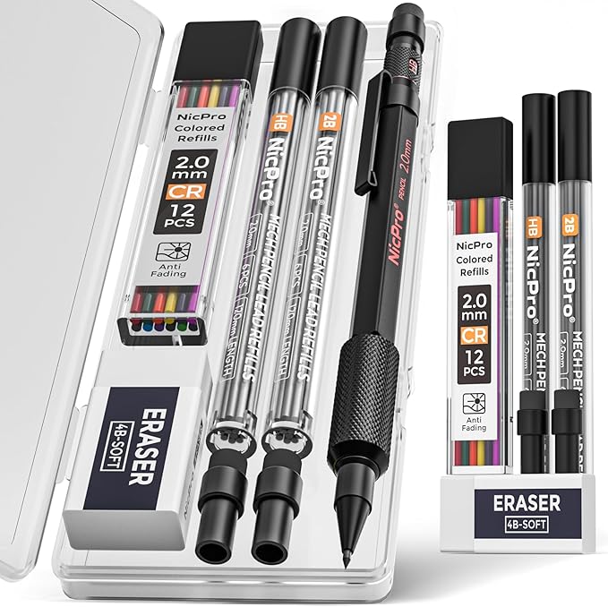 Nicpro 2mm Mechanical Pencils Set with Case, 12 Black Lead Refills,12 Colored Lead Refills, Erasers - MP2000 Weatherproof Metal Lead Holder, Heavy Duty Carpenter Pencil For Writing Drawing Woodworking-DeskLoop Office