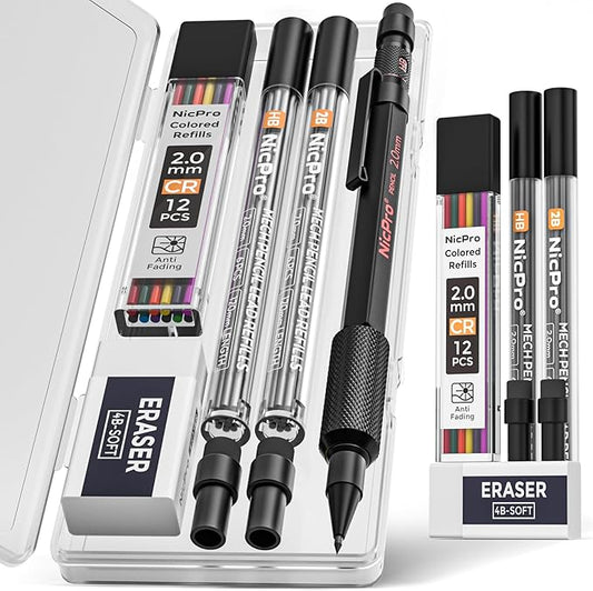 Nicpro 2mm Mechanical Pencils Set with Case, 12 Black Lead Refills,12 Colored Lead Refills, Erasers - MP2000 Weatherproof Metal Lead Holder, Heavy Duty Carpenter Pencil For Writing Drawing Woodworking-DeskLoop Office