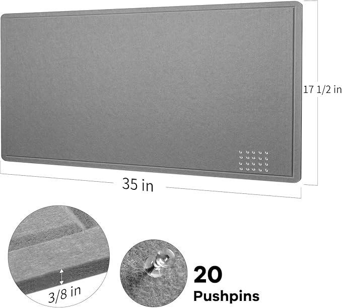 Bulletin Board, 35 x 17 1/2 inches Felt Board - Decorative Pin Board, Cork Board Alternative for Wall, Foldable Picture Board Self-Adhesive Vision Board Prayer Board with 20 Pushpins - Gray-DeskLoop Office