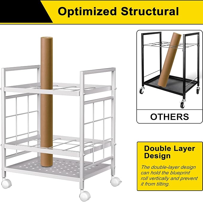 GIOTORENT Blueprint Storage Rack, Holder with Wheels, Map/Poster/Architectural Plan Storage, 12 Slots, 2 Brakes, Silent Wheels for Home, Office, School (White)-DeskLoop Office