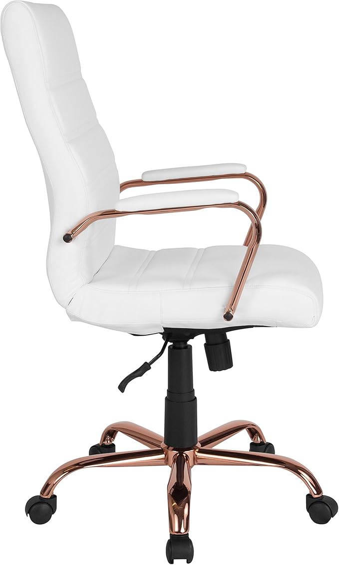 Flash Furniture Whitney High-Back Swivel LeatherSoft Desk Chair with Padded Seat and Armrests, Adjustable Height Padded LeatherSoft Office Chair, White/Rose Gold-DeskLoop Office