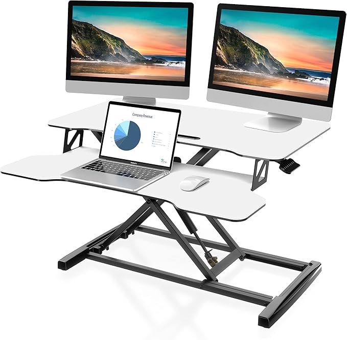 FITUEYES Height Adjustable Standing Desk 32” Wide Sit to Stand Converter Stand Up Desk Tabletop Workstation for Laptops Dual Monitor Riser White SD308003WW-DeskLoop Office