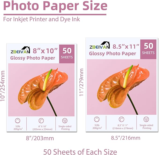 ZBEIVAN Photo Paper 8x10, 8.5x11 inch, Glossy Photo Papers 100 Sheets, 200 GSM Paper for Printer (50 Sheets of each size 8x10, 8.5x11)-DeskLoop Office