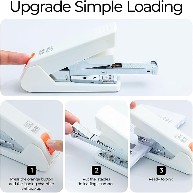 M&G Effortless Stapler 50 Sheet Capacity One-Touch Stapling, Heavy Duty Desktop Stapler Includes 1000 Staples and Remover, Portable Handheld Staplers for Home & Office (White)-DeskLoop Office