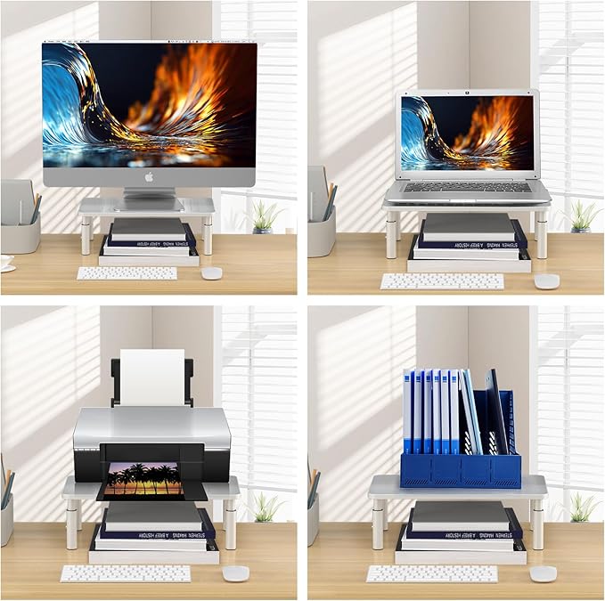 Bracwiser Monitor Stand Riser, Metal Computer Stand, 3 Height Adjustable Screen Riser with Mesh Platform for PS4, Laptop, Printer, Notebook and All Flat Screen, Holds Up to 20KG,White-DeskLoop Office