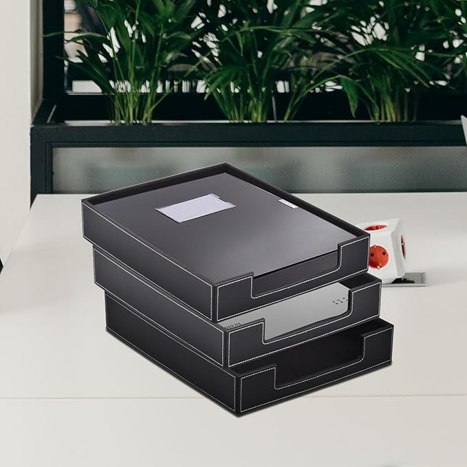 Leather Letter Tray, Office Supplies Desk Organizer for Mail Paper Files Magazines Jewelry Cosmetics,Luxury Letter Holder&Multipurpos Stackable Office Desktop Storage Box,Black-DeskLoop Office
