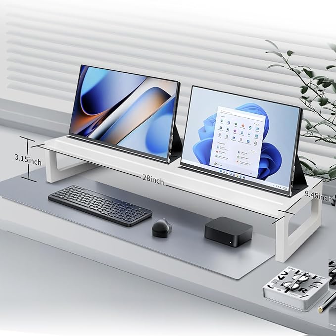 Dual Monitor Stand Riser – 28-Inch Computer Monitor Stand with Multifunctional Slot for 2 Monitors, Multi-Purpose Desktop Storage for Laptop, Printer, TV-DeskLoop Office