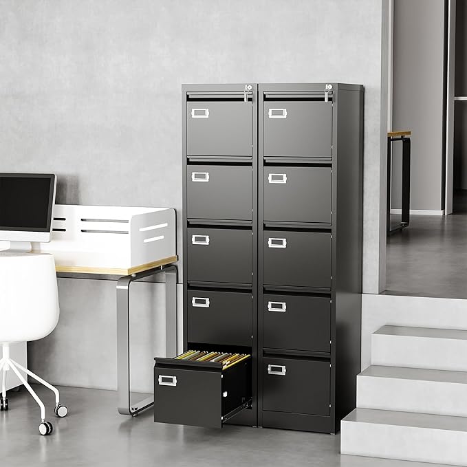 File Cabinets - 5 Drawers Vertical 17.8" Deep Lockable Filing Cabinet - Black & Gray Metal Storage Cabinets for Home Office to Hanging Files Letter/Legal/F4/A4 Size-DeskLoop Office