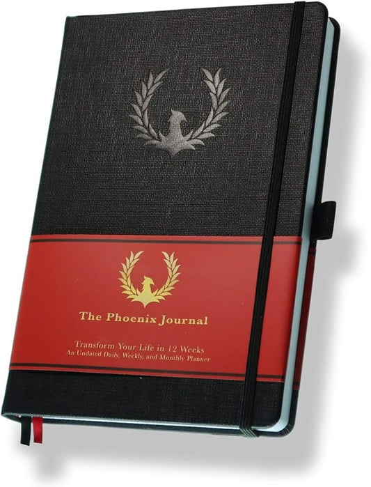 The Phoenix Journal - Best Daily Goal Planner, Organizer, & Calendar for Goal Setting, Gratitude, Happiness, & Productivity - Vision Board & Habit Tracking - 12 Weeks, Undated, Hardcover - Black-DeskLoop Office