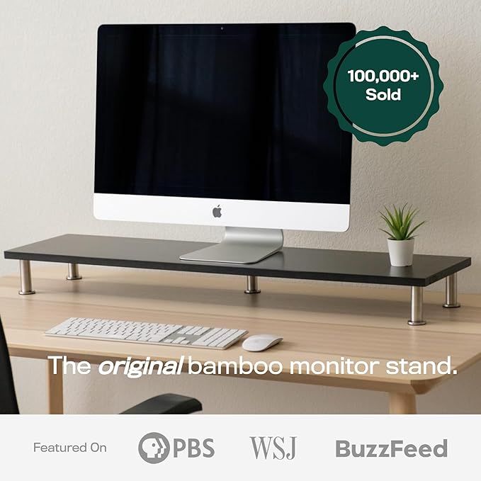 The Original Bamboo Dual Monitor Stand (As Seen On PBS) - 42 Inch Large Monitor Riser for Computer Screens, Laptop or TV - Desk Shelf Adds Storage Space and Improves Ergonomics - Black-DeskLoop Office