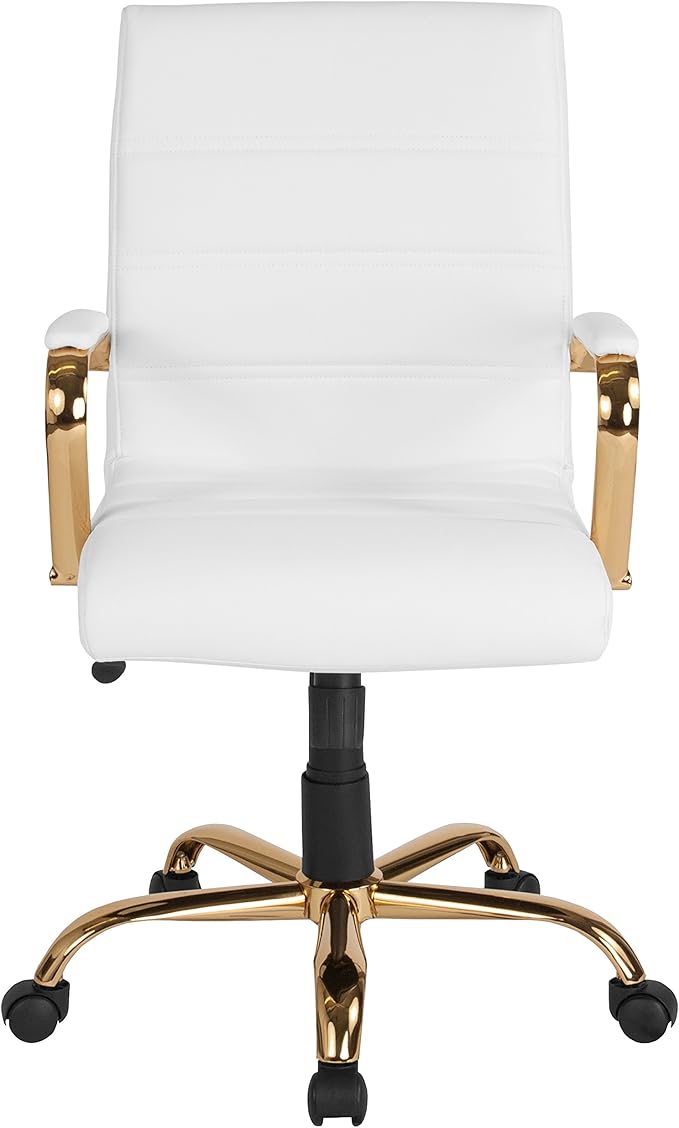 Flash Furniture Whitney Mid-Back Swivel LeatherSoft Desk Chair with Padded Seat and Armrests, Adjustable Height Padded Office Chair, White/Gold-DeskLoop Office