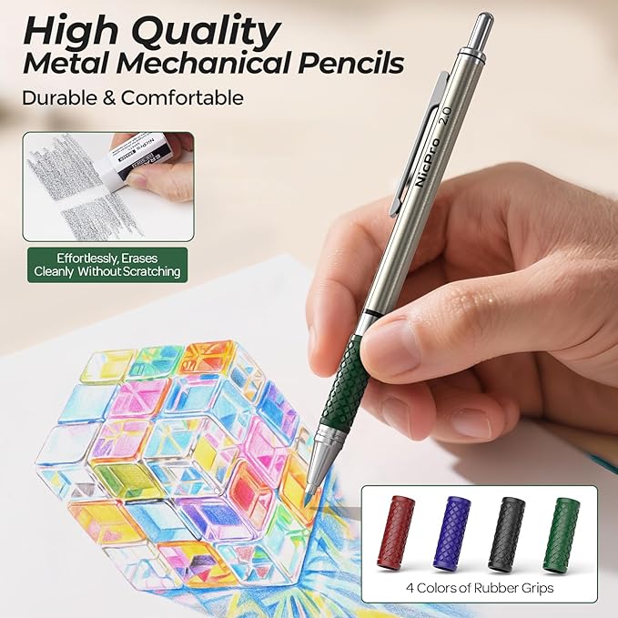 Nicpro 4 PCS Premium 2.0 mm Mechanical Pencils Set, 108 Colored & Black (HB 2B) Lead Refills, Art Metal 2mm Carpenter Pencil with 2 Erasers, 2 Sharpeners for Drafting Sketching Drawing with Case-DeskLoop Office