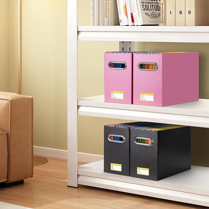 BALEINE File Organizer Box, Cardboard File Folder Organizer with Handle for Letter Size, Portable Collapsible Hanging Filing Box for Home Office Document Storage (2 Pack, Pink)-DeskLoop Office