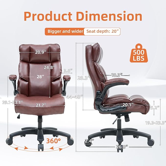 Big and Tall Office Chair 500lbs Wide Seat Executive Office Desk Chair High-Back Office Task Chair with Flip-Up Armrest, Ergonomic Lumbar Support Computer Office Chairs for Heavy People(Brown)-DeskLoop Office