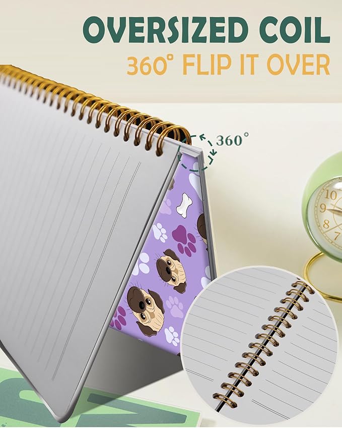 Ruled Spiral Writing Notebook,A5 Hardcover Lined College Journal for Women Lady,Fashion Puppy Watercolor Strong Twin-Wire Binding with Premium Paper,8.4" X 6",Perfect for School,Office,Home Gifts(Pug Bones Paws)-DeskLoop Office