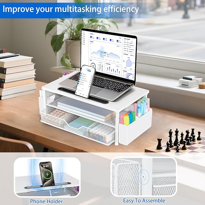 AUPSEN White Monitor Stand Riser, 2-Tier Wood Computer Desk Organizer with Drawer, Pen Storage & Phone Holder ,Office Desk Accessories Desktop Organizer for Office Supplies
