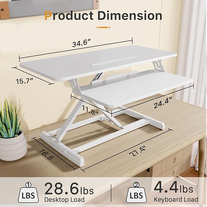 JOY worker Standing Desk Converter, 35" Wide Height Adjustable Sit Stand Up Desk Riser with Keyboard Tray, Desktop Workstation Riser for Home Office Computer Laptop, Particle Board, White-DeskLoop Office