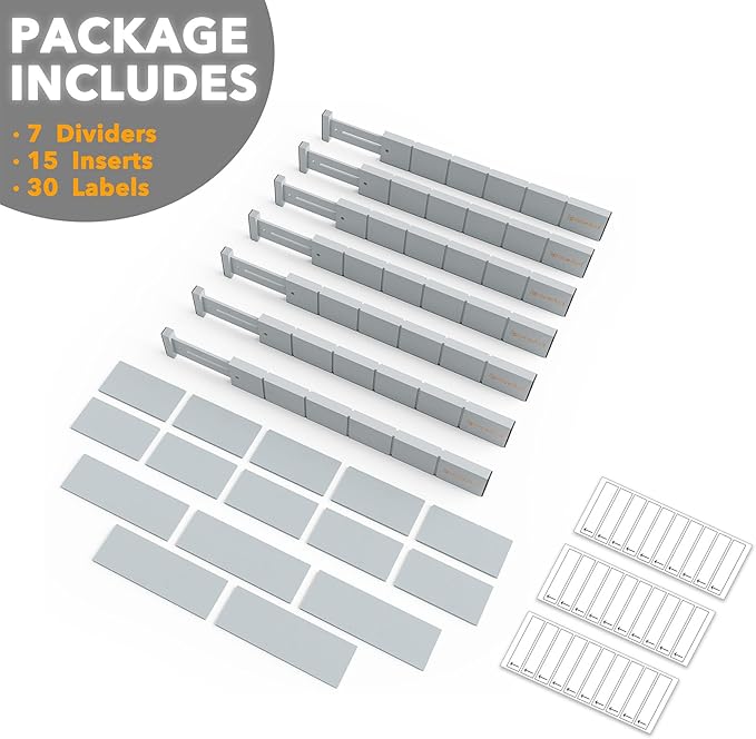 SpaceAid Bamboo Drawer Dividers with Inserts and Labels, Kitchen Adjustable Drawer Organizers, Expandable Organization for Home, Office, Dressers, 7 Dividers with 15 Inserts (17"-22" Gray)-DeskLoop Office