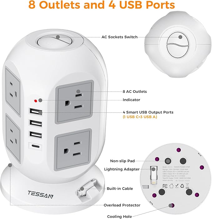 Tower Power Strip Surge Protector 10 Ft, TESSAN Flat Plug Extension Cord with Multiple Outlets, 8 AC Outlets, 4 USB Ports, 1 Built-in USB Cable, Desk Charging Station for Home Dorm Office-DeskLoop Office