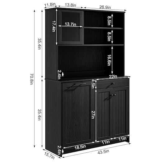 OLD CAPTAIN Tilt Out Trash Cabinet with Deodorising Function, Kitchen Hutch with Microwave Shelf and Drawer, Kitchen Pantry with Trash Cabinet for 10 Gallons, Black-DeskLoop Office