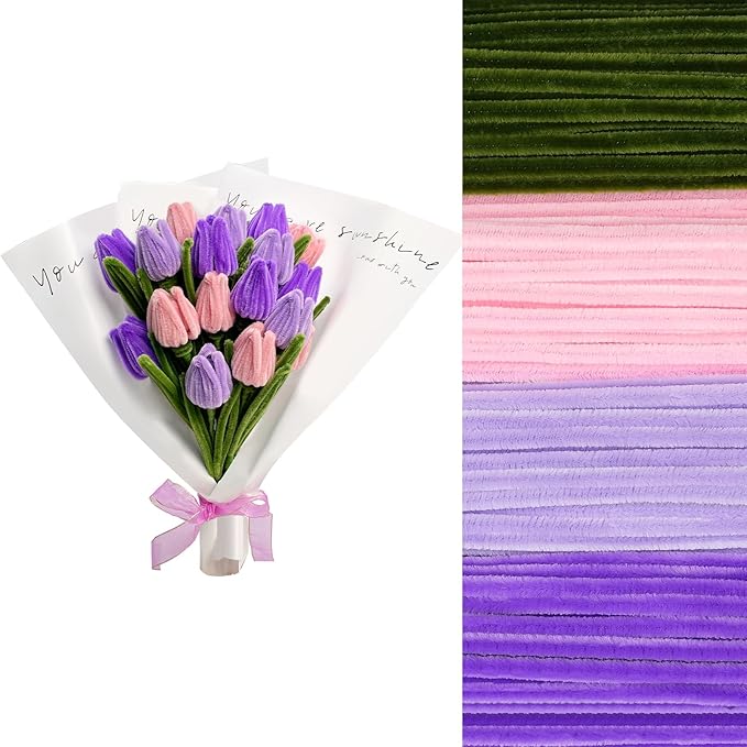400 Pcs Chenille Stems Flowers Craft Kit,4 Colors Pipe Cleaners Bulk for DIY Floral Arrangements with Floral Wires, Gardening Tape,Hot Glue Stick,Greeting Card,Bouquet Paper, Stamen & Ribbon-DeskLoop Office