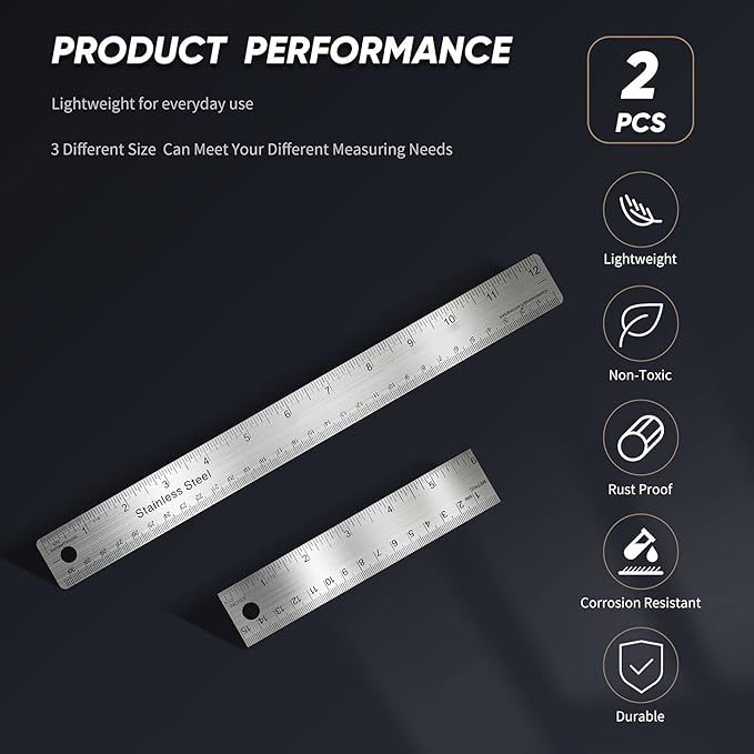 Frienda 2 Pcs Metal Ruler Cork Backed 6 Inch and 12 Inch Stainless Steel Rulers with Cork Backing Non Slip Straight Edge Measure Ruler for Student Graduation Back School Supply-DeskLoop Office