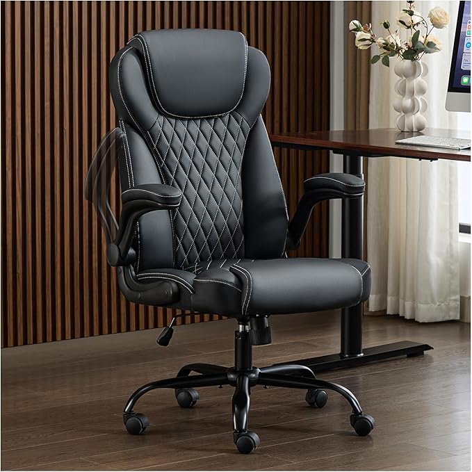 Office Chair, Executive Leather Chair Home Office Desk Chairs, Ergonomic Computer Desk Chair with Adjustable Flip-Up Arms, Lumbar Support Swivel Task Chair with Rocking Function (Black)-DeskLoop Office