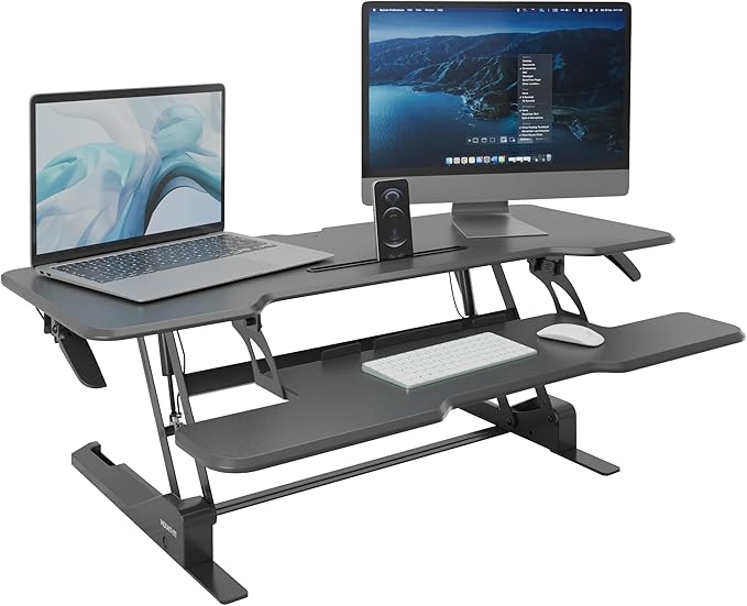 Mount-It! 47" Standing Desk Converter, Large Wide Tabletop Height Adjustable Desk Riser with Gas Spring, Desktop Sit Stand Up Desk with Keyboard Tray Fits 2 Monitors or Monitor and Laptop, Black-DeskLoop Office