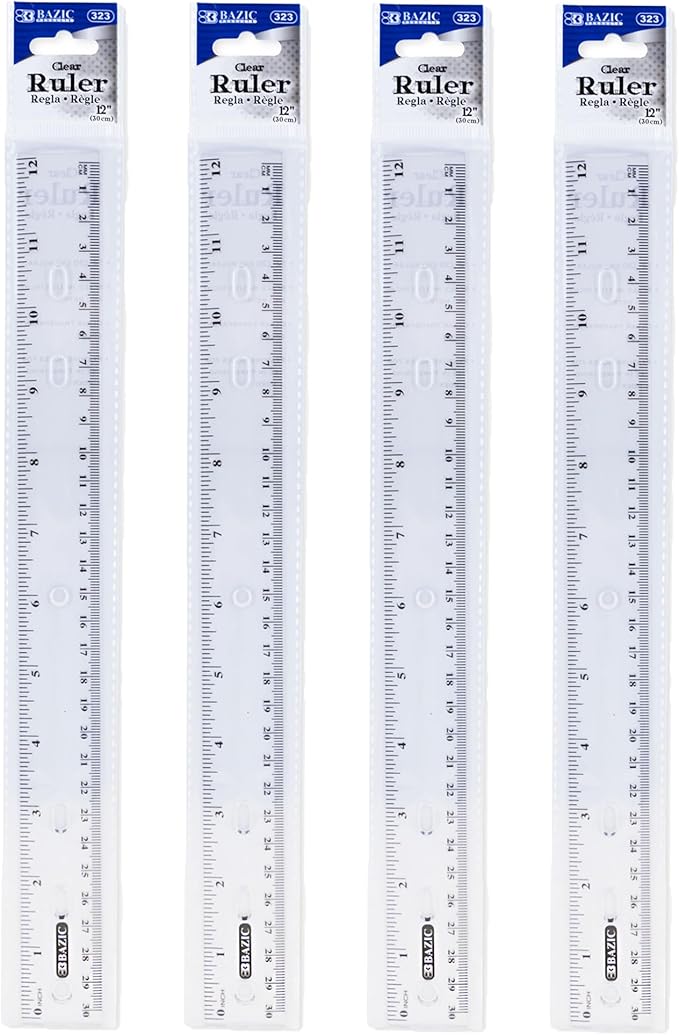 BAZIC Plastic Clear Rulers 12 inch (30cm), Inches Centimeter Metric Ruler Measuring Long Ruler, Straight Edge Ruler for Students School Supplies, 4-Pack-DeskLoop Office