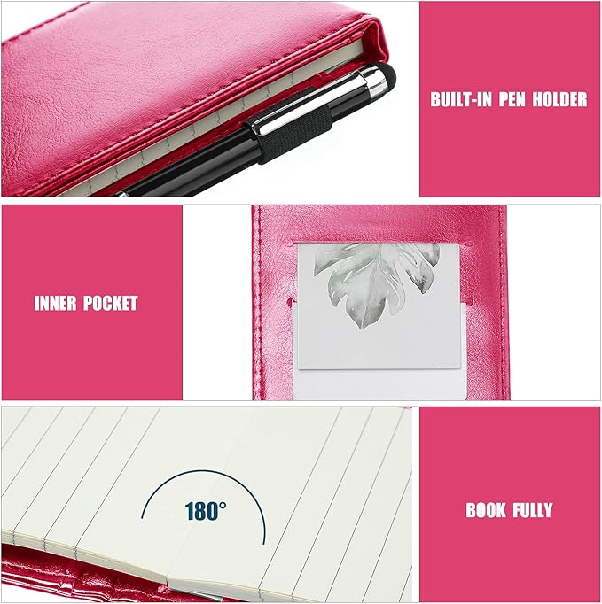 Outus 10 Pcs Pocket Notebook with Pen Set Included Mini Pocket Notepad Holder with 50 Lined Sheets, Metal Pen, 8 Pcs 3 x 5 Inch Memo Book Refills, 30 Lined Paper Per Note Pad (Rose Red)-DeskLoop Office
